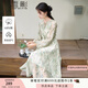 香影新中式綠色印花連衣裙女2025秋季新款系帶圓領(lǐng)收腰長(cháng)袖碎花裙 綠色 XL