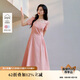 茵曼法式方領(lǐng)全棉連衣裙夏季女裝百搭壓褶收腰顯瘦氣質(zhì)長裙粉紅色  L