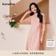 珂萊蒂爾[瑰麗小蠻腰]通勤圓領(lǐng)法式優(yōu)雅蕾絲連衣裙 淡紅 M
