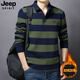 JEEP SPIRIT吉普加絨加厚保暖長袖T恤男2025年秋冬季新款條紋寬松大碼POLO衫 軍綠色 L 【建議體重125-140斤】