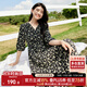 尚都比拉度假風碎花連衣裙女夏天V領氣質中長裙收腰A字雪紡裙子 黑花 L