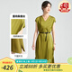 金菊重磅桑蠶絲夏季新款V領(lǐng)連肩袖純色開(kāi)衩小眾A字裙女式連衣裙有腰帶 綠色 2XL