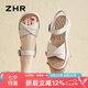 ZHR頭層牛皮厚底涼鞋女夏透氣露趾舒適皮鞋軟底一字帶女鞋EQ05米色38