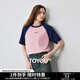 初語(yǔ)純棉抗菌寬松T恤女2025夏季新款撞色插肩袖字母印花上衣 寶藍(lán)-粉色-SMILE M