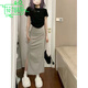莜仙格大碼胖mm歐美辣妹開(kāi)叉工裝裙女夏季新款高腰包臀裙長(cháng)裙顯瘦半身裙 灰咖色 S 80-100斤