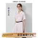 VEGA CHANG短袖連衣裙女2025新款夏學(xué)院風(fēng)翻領(lǐng)條紋高腰顯瘦小個(gè)子襯衫裙 櫻花粉 S
