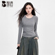 別語(yǔ)圓領(lǐng)修身打底衫女秋冬緊身內搭長(cháng)袖T恤設計感短款上衣 深灰色 L