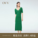 OVV2023春夏新款女裝V領(lǐng)H型包臀修身時髦荷葉邊短袖針織連衣裙 翠綠（凈色）06 S
