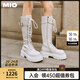 MIO【迪麗熱巴同款】MIO米奧冬加絨保暖長(zhǎng)筒靴騎士酷颯瘦瘦靴煙筒靴 米白色 35