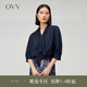 OVV2023春夏新款女裝22MM彈力雙喬翻領(lǐng)飄帶中袖真絲襯衫 藏青（凈色）A2 M