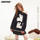 UNIFREE黑色動(dòng)物提花斜肩針織衫女軟糯撞色花邊寬松上衣 黑色 L