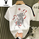 花花公子國潮麒麟刺繡短袖t恤男夏季復古潮牌五分袖衣服寬松高街男生體恤 白色 3XL 150-170斤