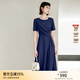 顏域簡(jiǎn)約收腰顯瘦連衣裙女裝2024新款早秋短袖圓領(lǐng)中長(cháng)款通勤裙子 深藍 L/40
