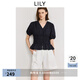 LILY2025夏新款女裝法式浪漫V領(lǐng)收腰休閑百搭通勤泡泡袖短袖襯衫 411藏青 M