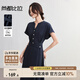 尚都比拉翻邊袖V領(lǐng)氣質(zhì)連衣裙女夏季交叉腰帶撞色扣A字裙修身顯瘦中長(cháng)裙