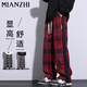 棉致休閑褲男秋冬時(shí)尚潮流格子運動(dòng)長(cháng)褲寬松直筒褲子男 酒紅 L