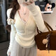 妙奕嘉針織衫女打底衫內搭可外穿洋氣長(cháng)袖t恤女潮流女裝秋季上衣女韓版 杏色v領(lǐng)顯瘦針織衫【不含蕾絲內搭】 均碼