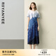 顏域不規則印花連衣裙女2025夏季新款高腰顯瘦過(guò)膝雪紡收腰長(cháng)裙子 藍花 S
