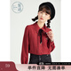 紫涵（ZIHAN）文藝娃娃領(lǐng)襯衫女撞色刺繡領(lǐng)結襯衣打底女裝百搭 復古紅 S
