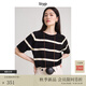 旅途原品（ltyp）條紋t恤女真絲短袖亞麻棉時(shí)髦百搭針織秋季圓領(lǐng)休閑上衣 杏黑色-經(jīng)典條紋-真絲亞麻棉 L -XL