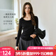 Olrain歐芮兒法式斜肩針織T恤女裝秋季2025新款蕩領(lǐng)系帶長袖上衣 黑色 L