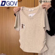 DGOV刺繡卡通V領(lǐng)正肩短袖T恤女棉質(zhì)日系不露腰短款修身上衣夏季新款潮 灰色（zt） S 【建議90斤以下】