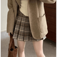 菲尼東爵復古咖色格子半身裙秋冬大碼毛呢百褶裙遮肚子包臀a字短裙 咖格 XL