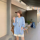 佐敘韓版豎條紋抽繩連帽襯衫女2025秋季時尚百搭休閑寬松長袖上衣外套 淺藍(lán)色 M （90-105斤）
