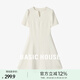 Basic House/百家好法式赫本風(fēng)小白裙子女夏新款V領(lǐng)中長(zhǎng)款連衣裙 白色 S
