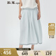 斯琴夏季新品女亞麻清新淺蘭松緊后腰口袋半身長(cháng)裙BAXQ016 淺蘭 L