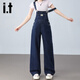 izzue it高腰牛仔連體背帶褲女秋季寬松減齡工裝港味吊帶顯瘦闊腿長(cháng)褲