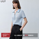 LILY夏新款薄荷曼波撞色邊POLO領(lǐng)V領(lǐng)肌理感短袖輕盈風(fēng)針織衫 404淺藍 M