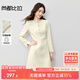 尚都比拉立裁收腰小香風(fēng)連衣裙女秋季釘珠織帶鏤空A字裙圓領(lǐng)九分袖中短裙