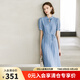 顏域新中式女裝連衣裙2024新款夏裝優(yōu)雅氣質(zhì)百褶裙短袖中長款裙子 藍(lán)色 M/38