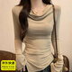韞舜2025年長(cháng)袖T恤女蕩領(lǐng)秋冬內搭打底衫熱辣美式春季修身性感不規則 卡其色【M （90斤-100斤）】 M 90斤-100斤