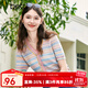 百圖betu女裝夏新款毛針織衫復古V領(lǐng)混彩條紋短袖針織衫女2305T85 粉紅 M