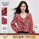 熙世界sllsky復古紅色格紋襯衫長(cháng)袖2025秋季新款設計感小眾荷葉領(lǐng)上衣紅杏格XL