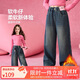 ASK JUNIOR女童褲子冬直筒褲撞色搖頭扣兒童褲子休閑加絨牛仔褲 藍(lán)色 160 