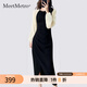 MeetMetro瑪依爾2025秋季新撞色拼接不規(guī)則開叉修身包臀連衣裙女 黑色【現(xiàn)貨閃電發(fā)】 M