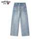 查爾斯桃心美式復古水洗闊腿牛仔褲男2025新款加絨直筒褲子 水洗淺藍  M