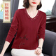 長(cháng)袖t恤純棉女裝春秋季洋氣年輕媽媽裝修身全棉打底衫刺繡V領(lǐng)上衣 紅【灰竹葉】 XL 建議115-125斤