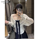 哥瑞美慵懶風(fēng)白色長(cháng)袖罩衫外套女秋季新款內搭條紋抹胸背心上衣兩件套裝 圖片色 L 建議121-140斤
