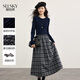 熙世界（sllsky）復古長(cháng)袖針織拼接磨毛格紋內搭假兩件連衣裙女2025秋冬新款 學(xué)院藍 L