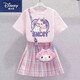 迪士尼（Disney）卡皮巴拉學(xué)院中大童兩件套夏季卡通印花短袖百褶裙可愛(ài)少女套裝 短袖270粉色+格子裙粉色-薄 160