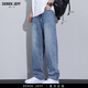 DEREK JEFF 戴里克.杰夫秋季美式水洗闊腿牛仔褲男款加絨加厚復古寬松直筒休閑褲子 淺藍色 34 【體重160-170斤】