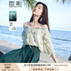 香影（xiangying）綠色碎花雪紡衫女2025夏季新款薄荷曼波五分袖一字領露肩上衣 綠色 S