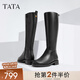 他她（TATA）大筒圍真皮騎士靴女靴子粗跟氣質加絨長筒靴秋冬7TG87DG4 黑色 38