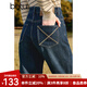 百圖betu女裝冬季新款牛仔褲加絨牛仔直筒褲顯瘦褲子女2411X03 牛仔色 M