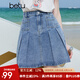 百圖betu女裝2025夏季新款半身裙高腰A字百褶裙洗水藍傘裙裙子2506T30 牛仔色 L