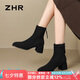 ZHR粗跟短靴女厚底百搭優(yōu)雅女靴復(fù)古方頭絨面靴子女 Y1012A 黑色 38 